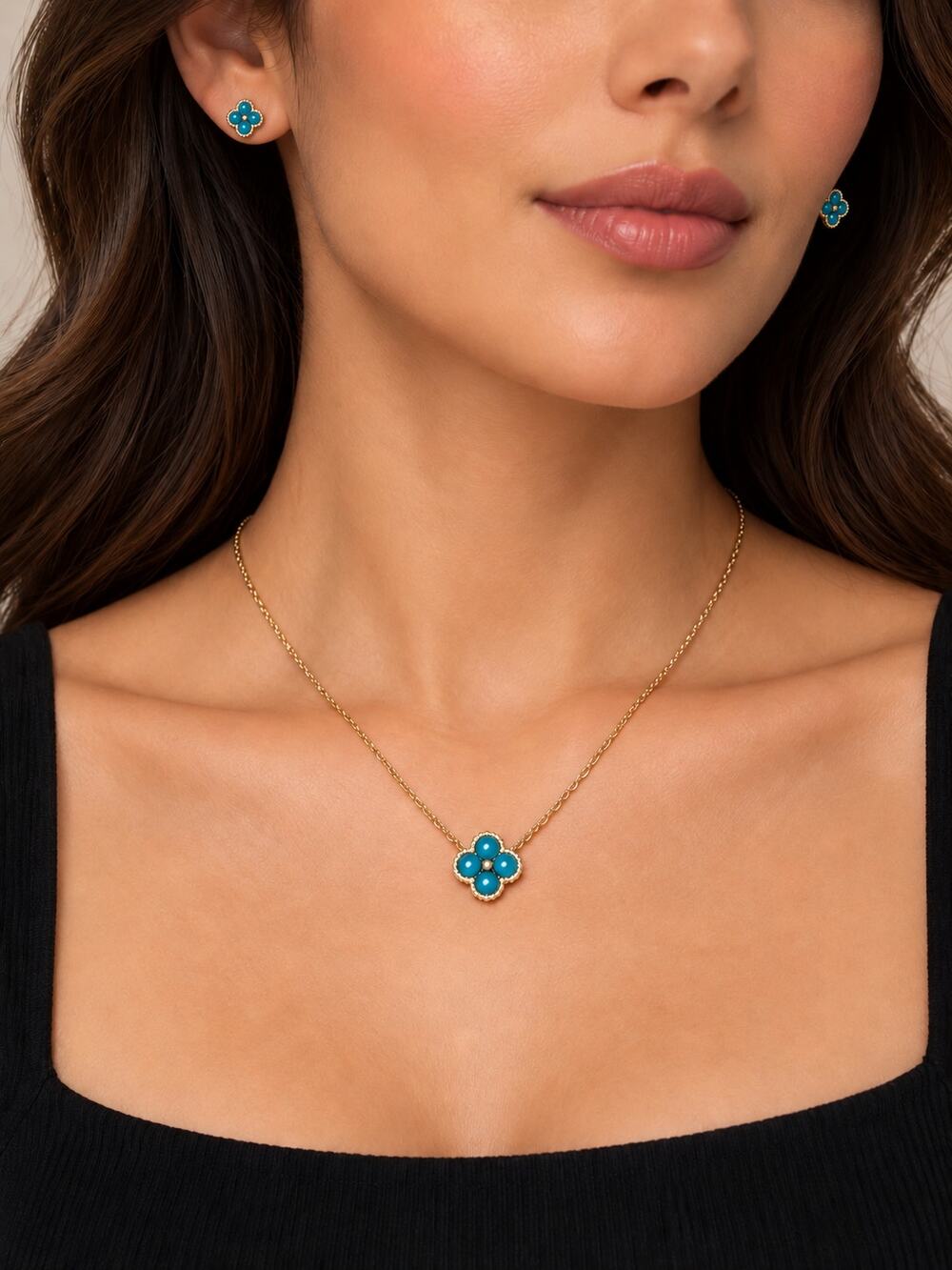 Clover Turquoise Set*earrings an necklace*Gold over 925 Sterling Silver